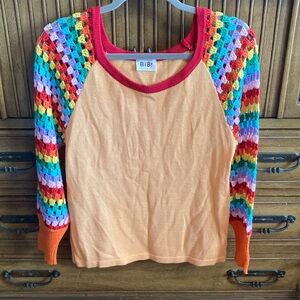 BiBi Multicolor Orange With Crochet Sleeve Top